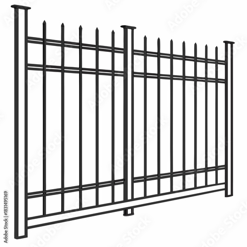 Black metal fence with pointed tops on white background