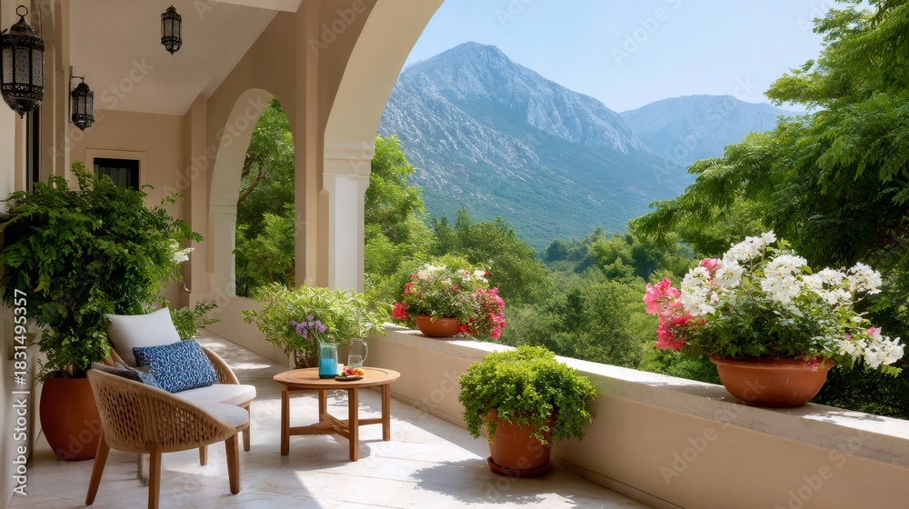 Obraz premium Luxury balcony offering stunning mountain view and relaxation