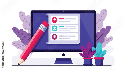 Online Registration Form or User Profile List on Desktop Computer Screen with Pencil