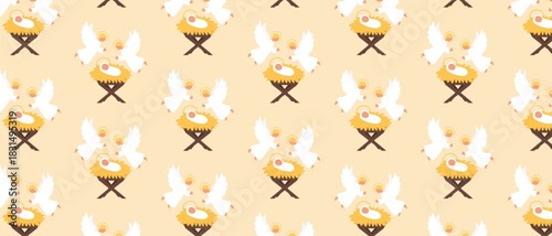 Cute Nativity Seamless Pattern with Baby Jesus in the Manger and Angels — Christmas Kids Illustration
