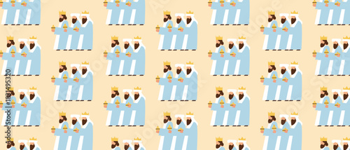 Cute Seamless Pattern with Three Wise Men Carrying Gifts — Christmas Nativity Cartoon Background