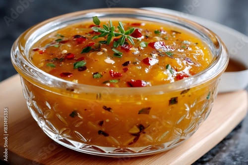 Homemade mango chutney condiment in glass bowl