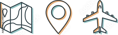 Travel essentials: map, location pin, and airplane for journey planning