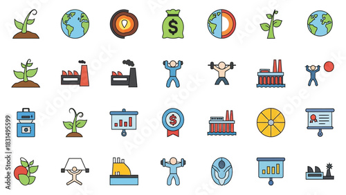 Mixed Icon Set of Ecology, Finance, Industry, and Health Concepts