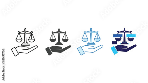 Hand Holding Scales of Justice Vector Icon Set in Four Styles: Line, Solid, Duotone, and Flat Colors. Legal Protection and Equality Symbol.