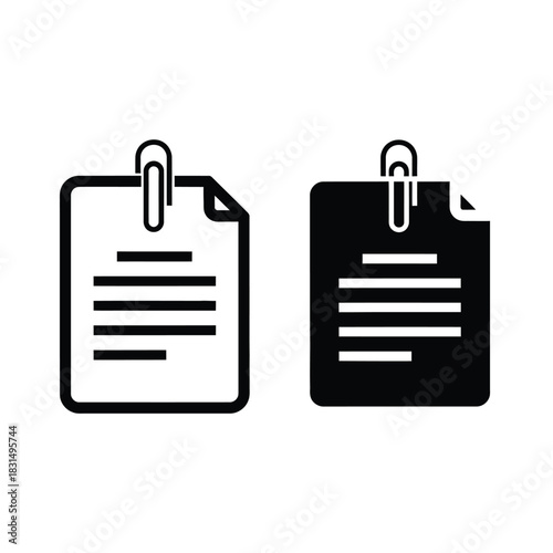 Document file icon with paperclip attachment, outline and solid versions, symbolizing office work and digital information.