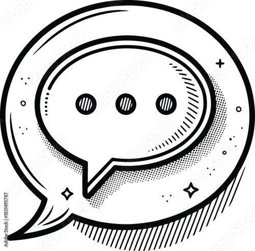 A sketched speech bubble with three dots inside and decorative elements around the bubble shape outline