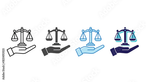 Hand Holding Scales of Justice Icon Set Vector Illustration for Law, Equity, Fairness, and Protection Concepts