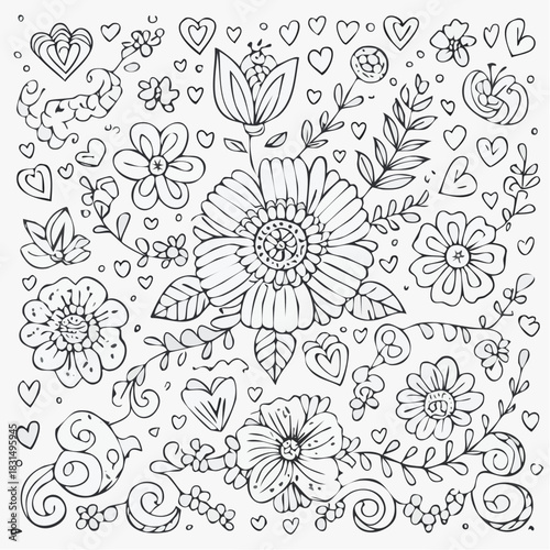 A whimsical and decorative collection of hand-drawn flowers, leaves, and hearts, presented in a delightful doodle style, perfect for creative coloring and artistic inspiration