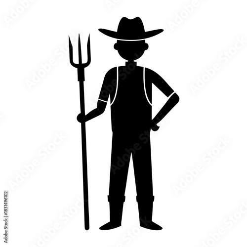 Farmer in overalls and hat holding pitchfork silhouette