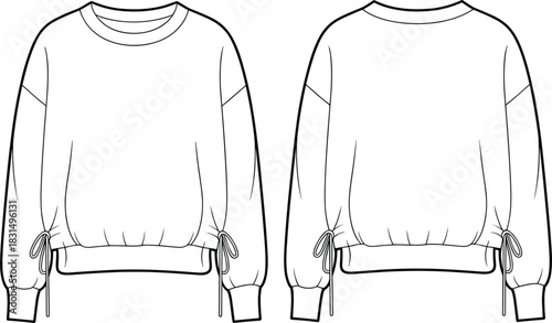 Women’s sweatshirt with drawstring hem and long sleeves, front and back view, fashion flat sketch, casual wear vector illustration