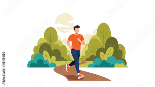 Happy Man Running in the Park during Daytime Fitness and Wellness Exercise Vector Illustration