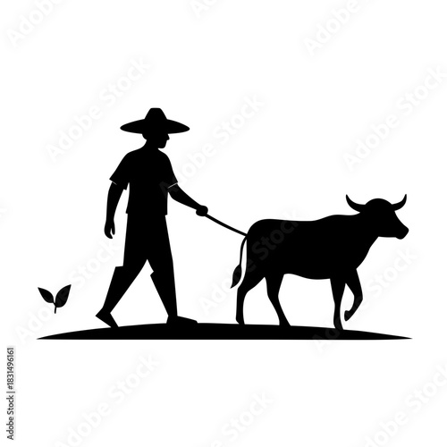 Farmer walking with a cow on a leash in silhouette
