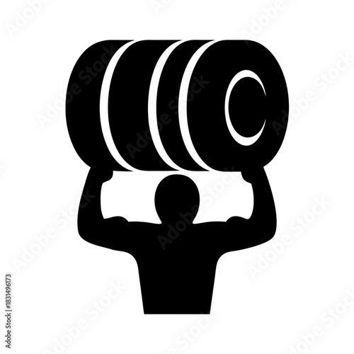 Strongman silhouette lifting heavy barbell overhead silhouette