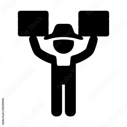 Farmer in overalls and hat holding hay bales silhouette