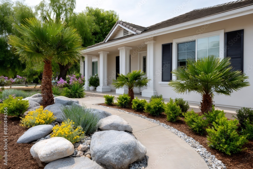 Naklejka premium Modern house front yard landscape design with palm trees