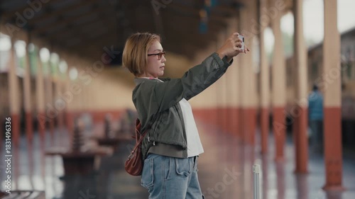 A mature woman with a suitcase travels joyfully at a train station