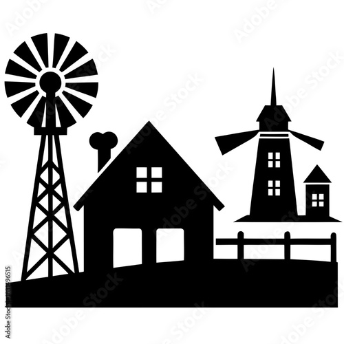 Farm scene with windmill and house silhouette