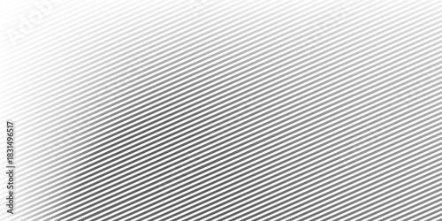 Fading linear gradient texture. Black diagonal stripe gradation background. Thin and thick vanish slanted pattern backdrop. Oblique parallel stroke wallpaper for overlay, print, cover, banner. Vector