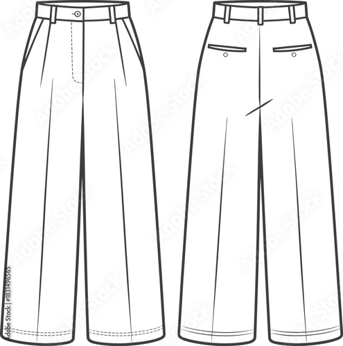Women’s tailored wide leg trousers fashion flat sketch, front and back view with welt pockets, CAD drawing flat vector illustration