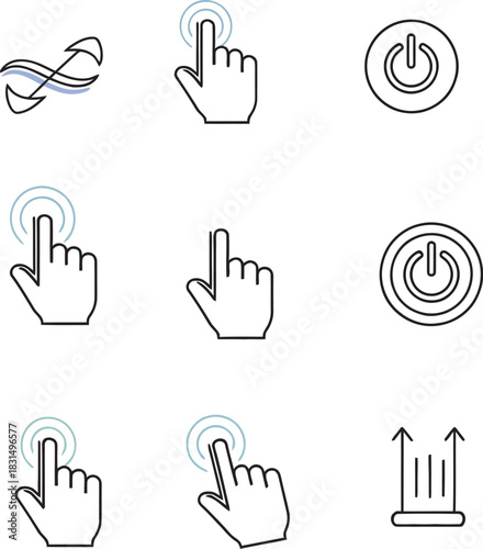 Collection of modern touch interface icons representing digital interaction and power functions