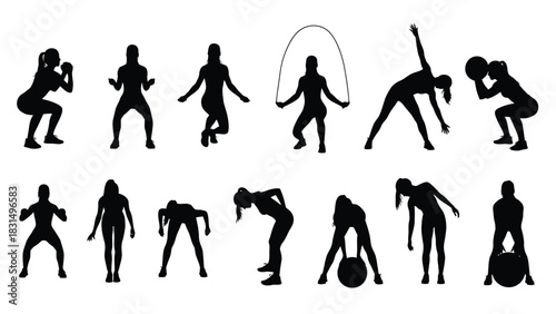 Female Fitness Workout Exercise Silhouettes Set: Women Exercising with Jumps, Squats, and Weights
