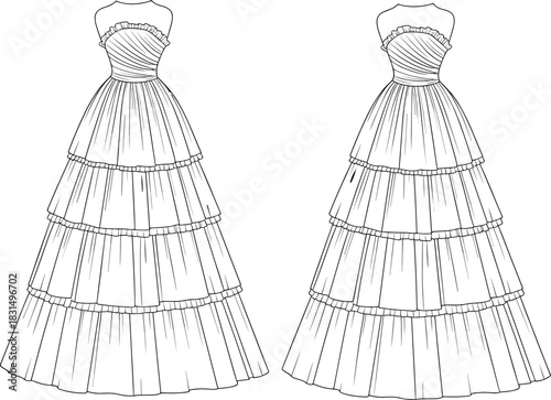 Women’s tiered gown fashion flat sketch with strapless bodice, ruffle neckline, elegant formal wear, CAD drawing flat vector illustration