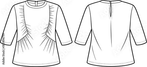 Women’s top with front gathered pleats and back keyhole detail cad drawing flat vector illustration with 3/4 sleeves design