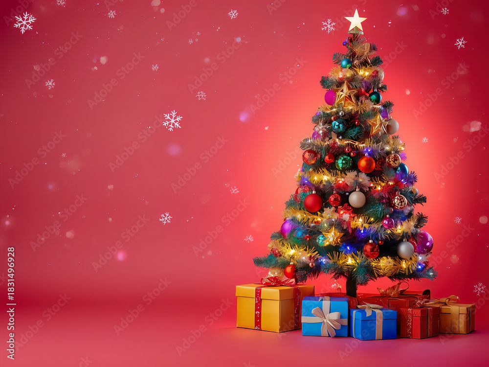 Fototapeta premium Festive Christmas and New Year banner featuring a bright winter arrangement of holiday elements. Red and white seasonal ornaments, wrapped presents and cheerful decorations are placed around the edges