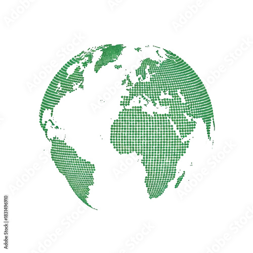 Green graphic illustration of a world map with a grid pattern on a white background.