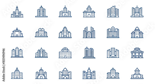 Collection of architectural building icons in modern minimalist style