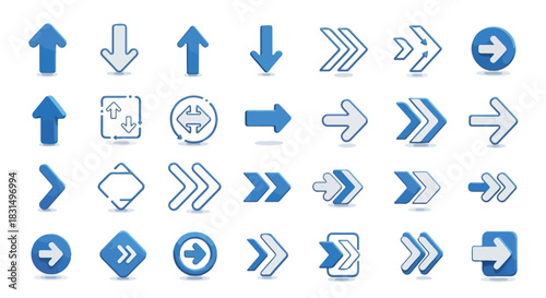 Collection of blue and white arrow icons pointing in various directions on a white background