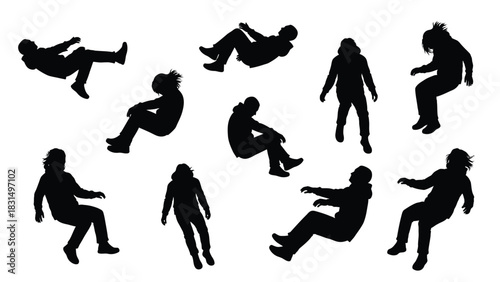 Floating and Falling People Silhouettes Set Isolated on White Background. Vector Illustration Collection of Figures in Weightlessness.