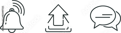 Set of three modern outline icons representing notification, upload and communication.