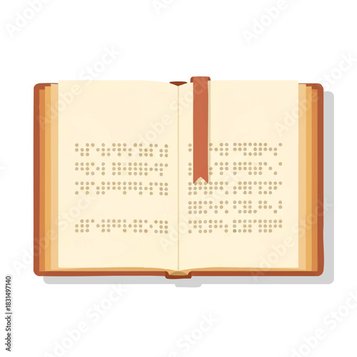 Open book with braille text on pages and brown bookmark on a white background with subtle shadow.