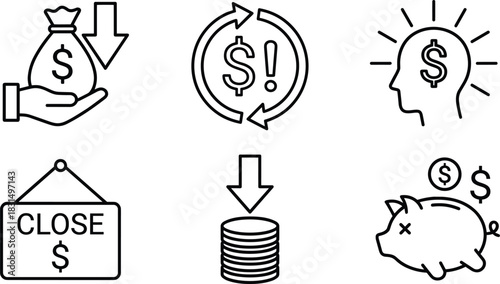 Financial loss and savings decline icon set showing money decrease, budget crisis symbols, cost reduction, economic downturn, and bankrupt savings elements