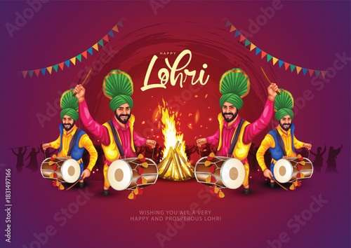 Happy Lohri festival of Punjab India background. group of people playing lohri dance. vector illustration banner design