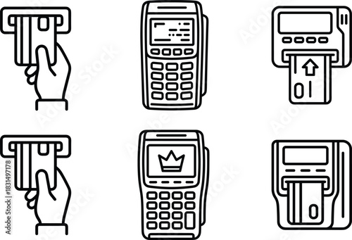Payment card transaction and POS terminal icon set showing ATM card insertion, swipe machine, digital payment device and banking operations