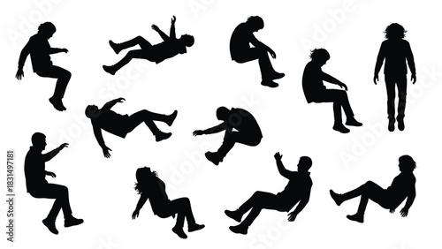 Set of Floating and Falling People Silhouettes. Vector Illustration of Men and Women in Zero Gravity Dynamic Poses