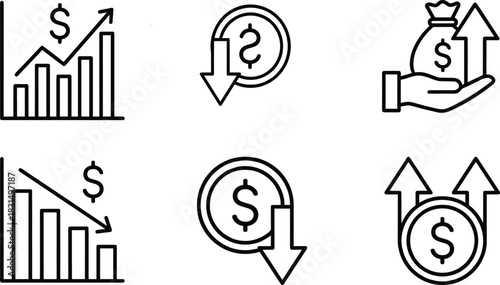 Financial growth and decline icon set with profit increase, loss decrease, money investment symbols, economic chart trends, dollar arrow graphics