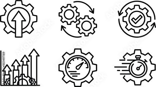 Performance optimization and productivity improvement icon set with gears, speed, analytics, progress arrows, stopwatch timing, process upgrade symbols