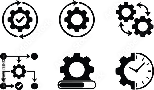 Process optimization and workflow automation icon set with gears, progress loading, time management, system operations, arrows, and development cycle