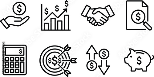 Financial line icon set showing money savings, business growth, handshake deals, investment analysis, budget calculation, financial goals, economic trends and banking concepts