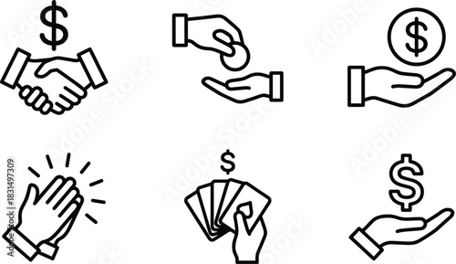 Financial transaction line icons showing money exchange, business handshake, donation hand, credit payment, cash giving, financial support and economic money management symbols