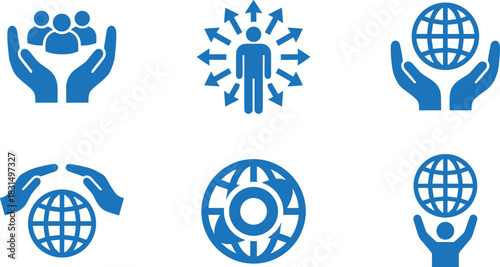 Blue humanitarian support and global protection icons showing hands, people, earth care, community safety, sustainability, worldwide unity, and social responsibility symbols