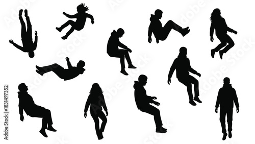 Floating People Silhouette Set. Falling and Zero Gravity Human Figures Vector Illustration Collection.