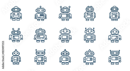 Collection of cartoon robot illustrations in various poses and designs
