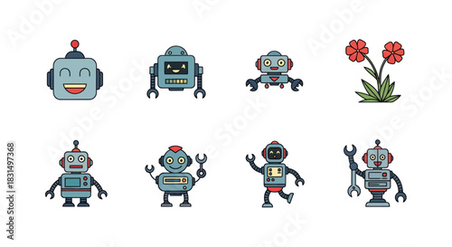 Collection of cartoon robots and flowers in vector graphic style