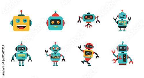 Collection of colorful cartoon robots in various poses isolated on white