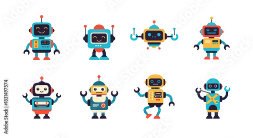 Collection of colorful cartoon robots on white background vector illustration